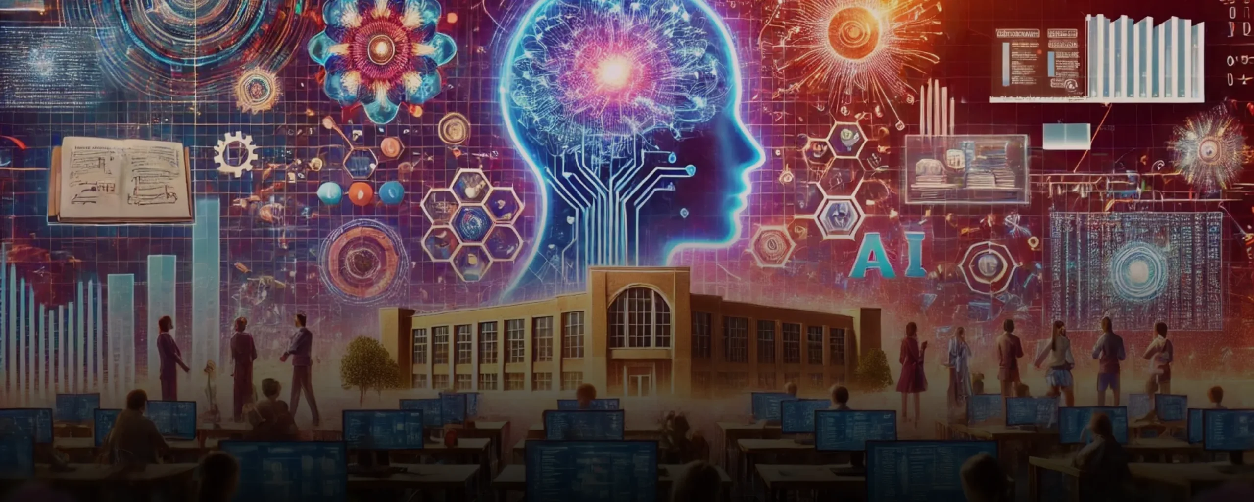 A futuristic digital collage merging Texas A&M campus life with AI and data science imagery, featuring glowing brain networks, floating technical icons, and students at work.